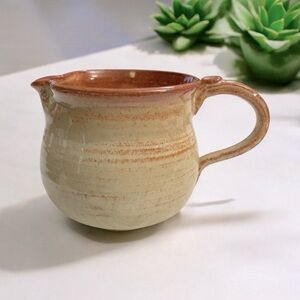 VTG Hand Thrown Rustic Cream and Brown Ceramic Pitcher signed by Artist